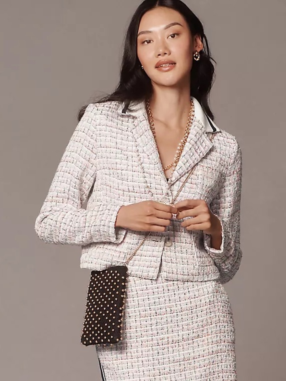 Anthropologie Maeve Cream Tweed‎ Cropped Sporty Trim Blazer Sz. 6 NWT